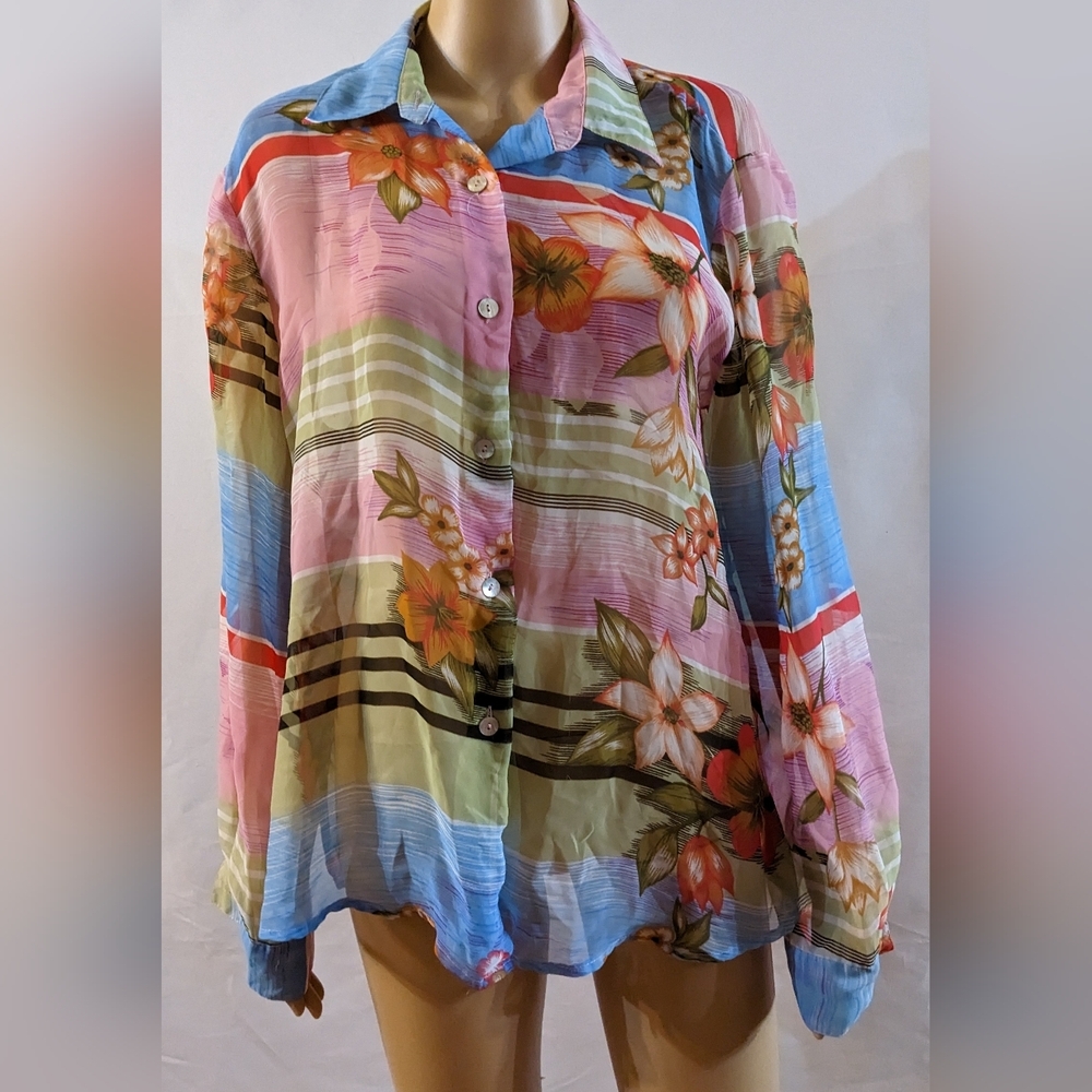 Impressions Floral Multicolor Button-Up Blouse, Size L, T3W